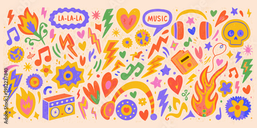 Tableau sur toile Colorful doodle illustration featuring musical notes hearts and various symbols