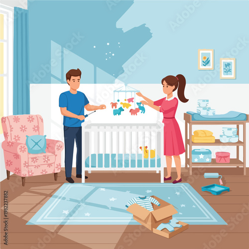 Young couple preparing a blue nursery, assembling a white crib and baby mobile