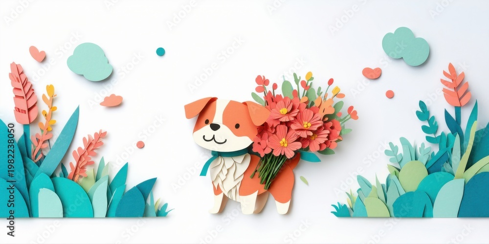 Fototapeta premium Papercraft illustration depicts corgi holding flowers. Soft colors, whimsical design, cute aesthetic. Background features foliage, hearts, clouds.