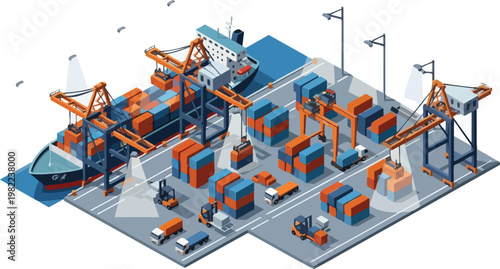 Isometric View of a Busy Container Port Terminal with Cargo Ship, Cranes, and Freight Trucks for Global Logistics and Trade Industry Concept
