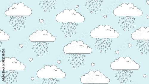 Whimsical seamless pattern of white fluffy clouds raining small hearts over a calm light blue background for nursery wall art.