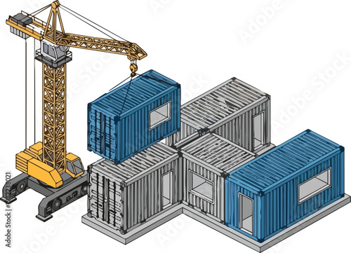 Isometric Illustration of Modular Container House Construction with a Tower Crane