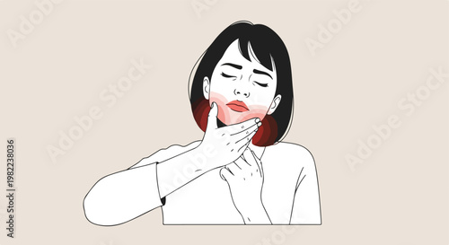 Minimalist line art illustration of a woman holding her jaw and neck in pain