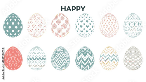 Set of twelve beautifully decorated Easter eggs with various patterns like dots waves and hearts in soft pastel colors for cards.
