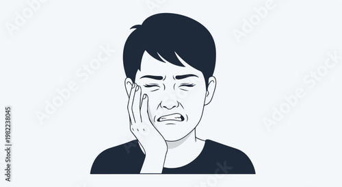 Monochrome line art of person grimacing in pain holding cheek due to a toothache