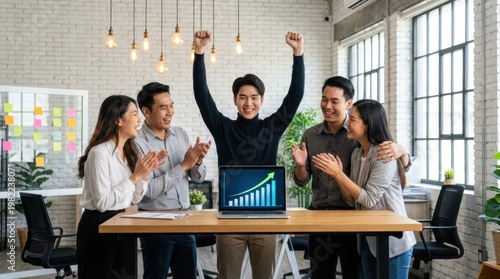 Team Celebrating Success with Joyful Gestures in Modern Office Environment