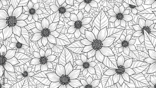 Detailed black and white botanical illustration of various flowers and leaves creating a dense floral background pattern for coloring.