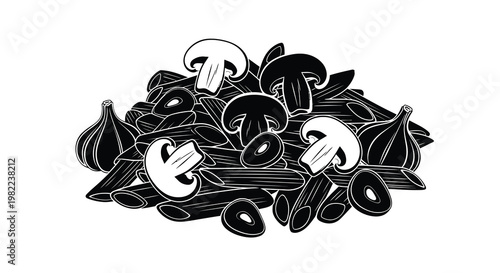 A black and white illustration depicts a pile of pasta mushrooms and garlic bulbs high quality
