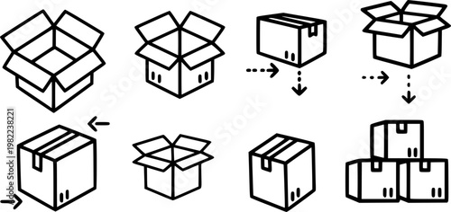 Box line icons. Empty open shipping box or unboxing line art. Carton boxes icon set. Stock vector. Vector illustration.