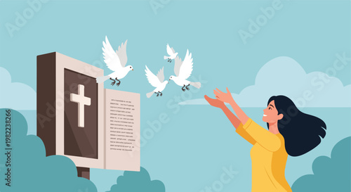 Woman reaching for white doves flying from an open bible with a christian cross