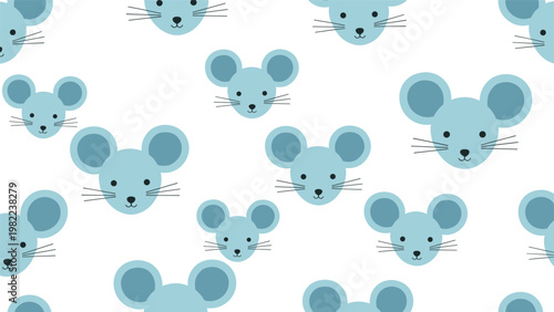 Cute seamless pattern of blue mouse faces with round ears and whiskers scattered over a white background for kids wallpaper.