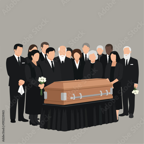 Solemn group of people in black mourning standing around a wooden burial casket