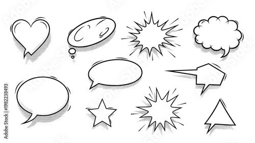 Collection of black and white comic book style speech bubbles and thought clouds with halftone shadow effects for dialogue design.