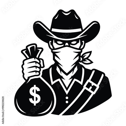 Vector illustration of a bandit with a money bag line art criminal illustration minimalist fugitive desperado