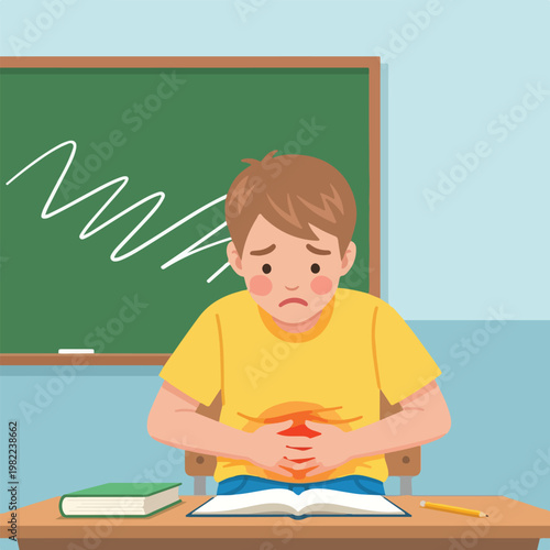Sad schoolboy clutching stomach due to abdominal pain sitting at a desk