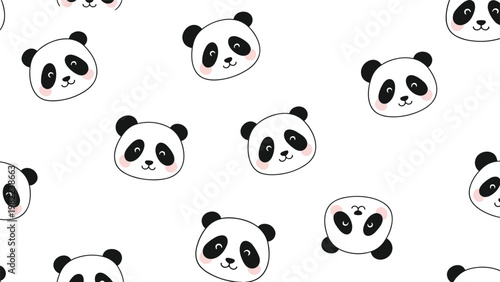 Adorable seamless pattern of cute panda faces with pink cheeks scattered across a clean white background for kids textile design.