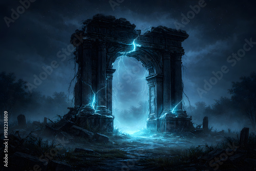 Ruined classical arch crackling with blue lightning in dark mist