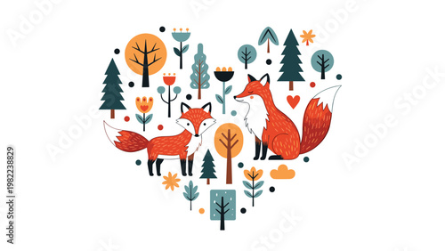 Beautiful heart shaped composition of two red foxes surrounded by various trees and plants in a forest theme for woodland greeting.