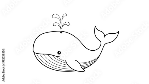 Cute cartoon whale blowing water through its blowhole is presented in a simple black and white line art illustration for coloring.