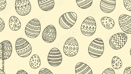 Intricate seamless pattern featuring various hand drawn Easter eggs with detailed patterns on a soft beige background for textiles.