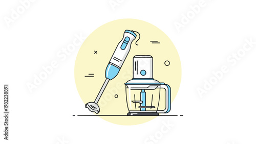 Modern kitchen appliances including a hand immersion blender and a food processor are shown in a clean flat vector illustration style.