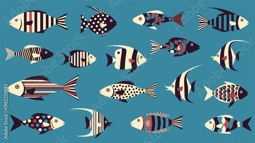 Large collection of stylized tropical fish with various patterns like stripes and dots swimming together on a solid blue background.