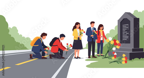Diverse people laying flowers at a roadside stone memorial monument illustration