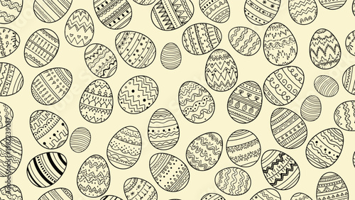 Hand drawn pattern on a beige background features numerous Easter eggs decorated with various intricate patterns and geometric designs.