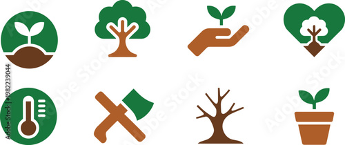 Set of ecology and environmental icons featuring trees plants hands and axe for global warming reforestation and conservation concepts vector illustration.