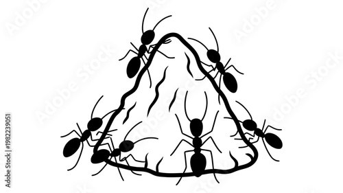 Group of ants working on anthill illustration black and white