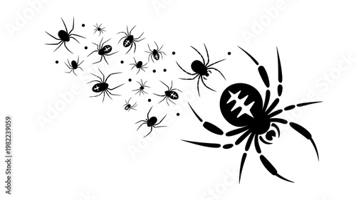 Black and white illustration of spiders scattering from a large spider