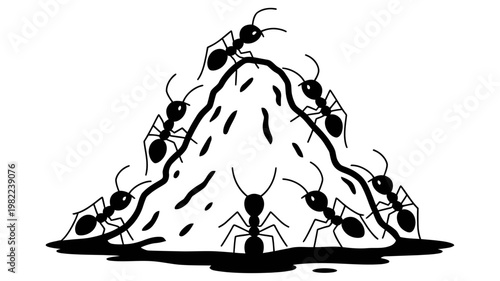 Stylized illustration of ants busy around a large anthill
