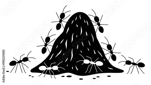 Stylized illustration of ants busy around a large anthill