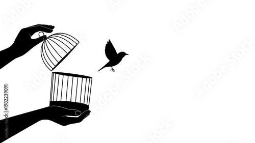 Silhouette hands opening bird cage releasing bird into sky illustration