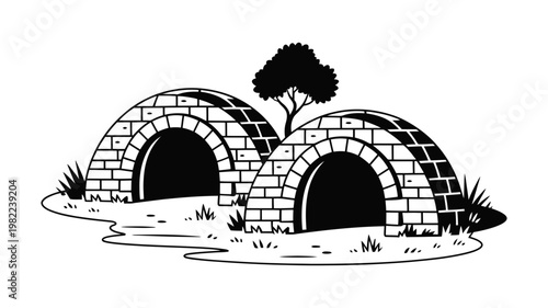 Connected arched brick structures with tree and grass illustration