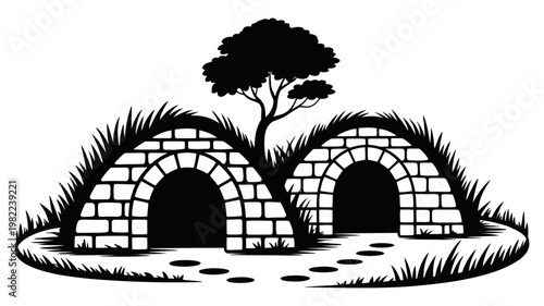 Two arched brick dwellings with tree and pathway illustration