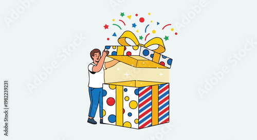 Man opening a huge colorful gift box with confetti and bright light shining out
