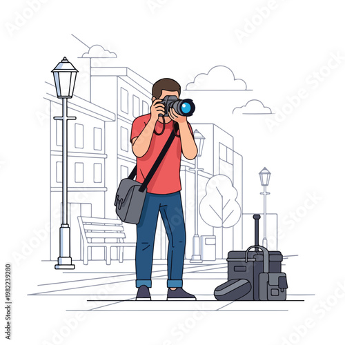 Photographer capturing a photo on a city street with a DSLR camera and equipment