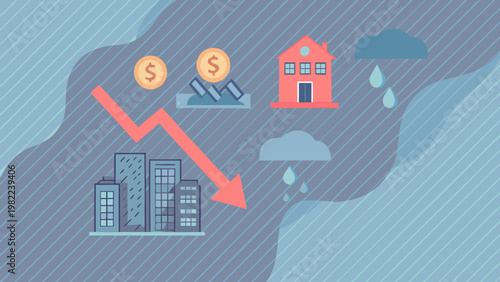 Economic downturn depicted with falling graph house and rain clouds