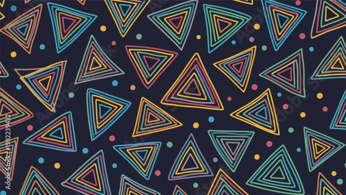 Colorful geometric pattern features nested triangles in vibrant shades and small dots scattered on a dark navy blue background design.
