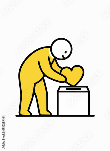 Person donating heart to charity box for kindness and support.