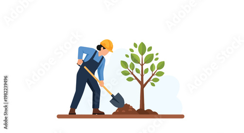 Female worker in blue overalls and yellow hard hat planting a tree with a shovel