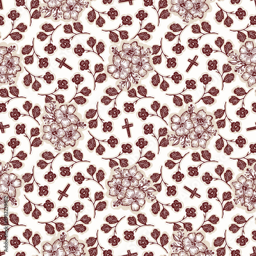 Christian cross seamless vector pattern. Hand drawn religious crucifix vintage illustration for wallpaper background. Floral catholic symbol all over print. 