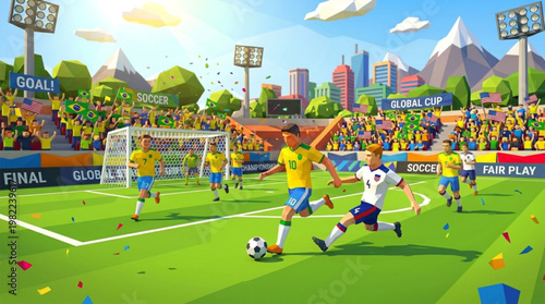 Cartoon Soccer Match Final Goal Attempt Stadium Crowd Illustration

