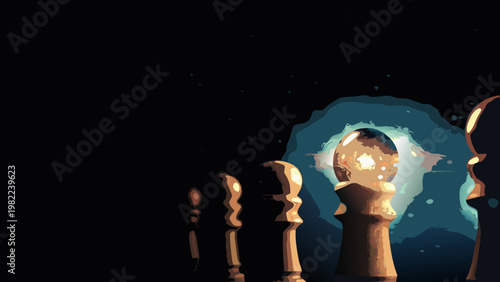 A dimly lit illustrated scene featuring a glowing lightbulb and arches