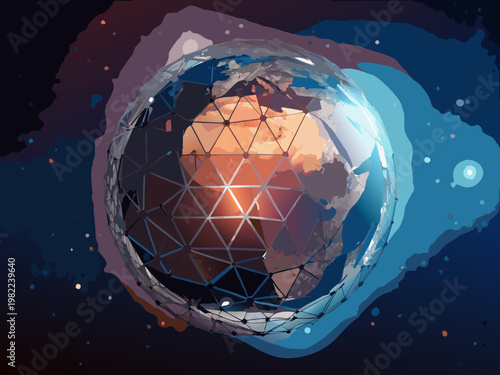 Abstract earth illustration with a geodesic dome and swirling cosmic background