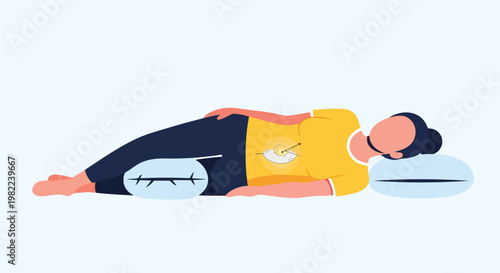 Woman lying on side with pillows for comfort after gastric surgery illustration