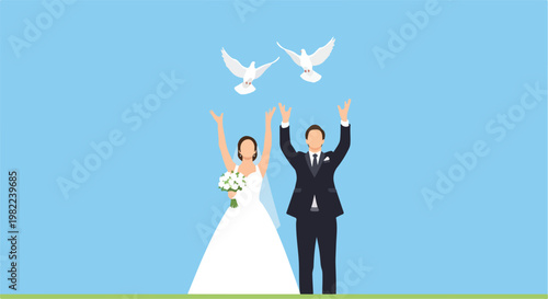Flat vector illustration of a bride and groom releasing white doves in blue sky