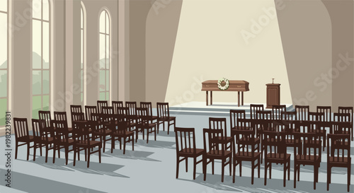 Solemn funeral hall with a wooden coffin on stage and rows of dark empty chairs