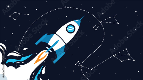 Space exploration illustration with a white rocket ship soaring past stars and constellations in the dark night sky.